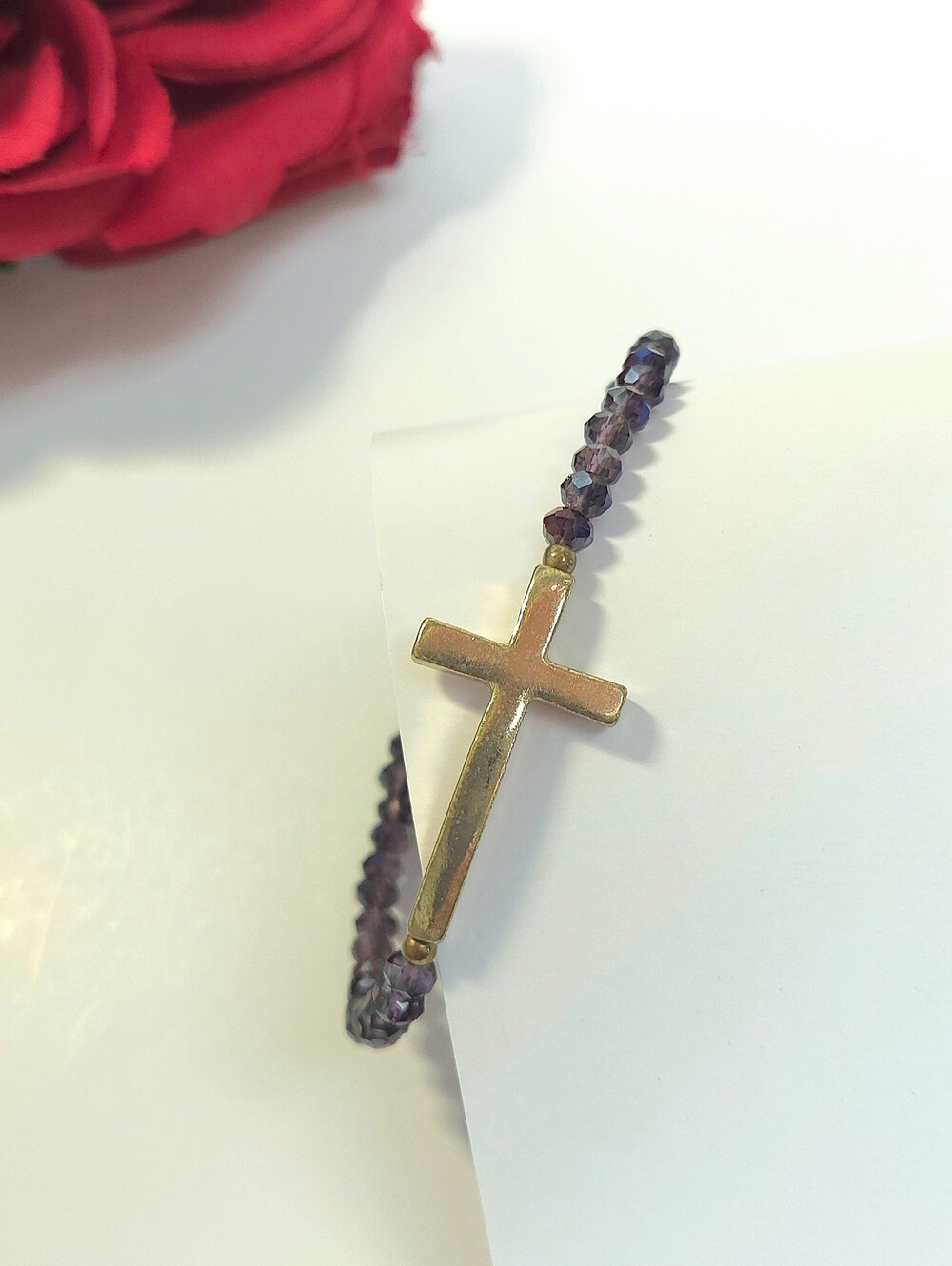 Handmade Gold Plated Cross & Purple Crystal Stretch Bracelet Glass Crystals